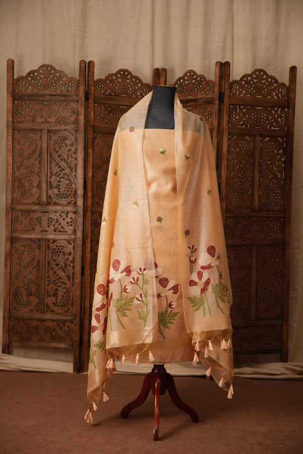 Bovine Chic Peach Muga Cotton Jamdani Unstitched Suit Set